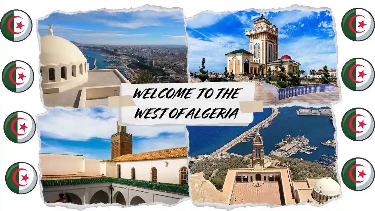 A collage of four scenic photos from Algeria's western coast, framed by Algerian flags, with a torn-paper style border. The…