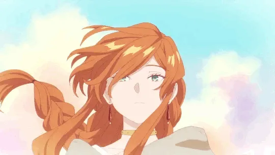 A six-panel anime-style image shows a young woman with orange braided hair and a neutral expression against a soft sky…
