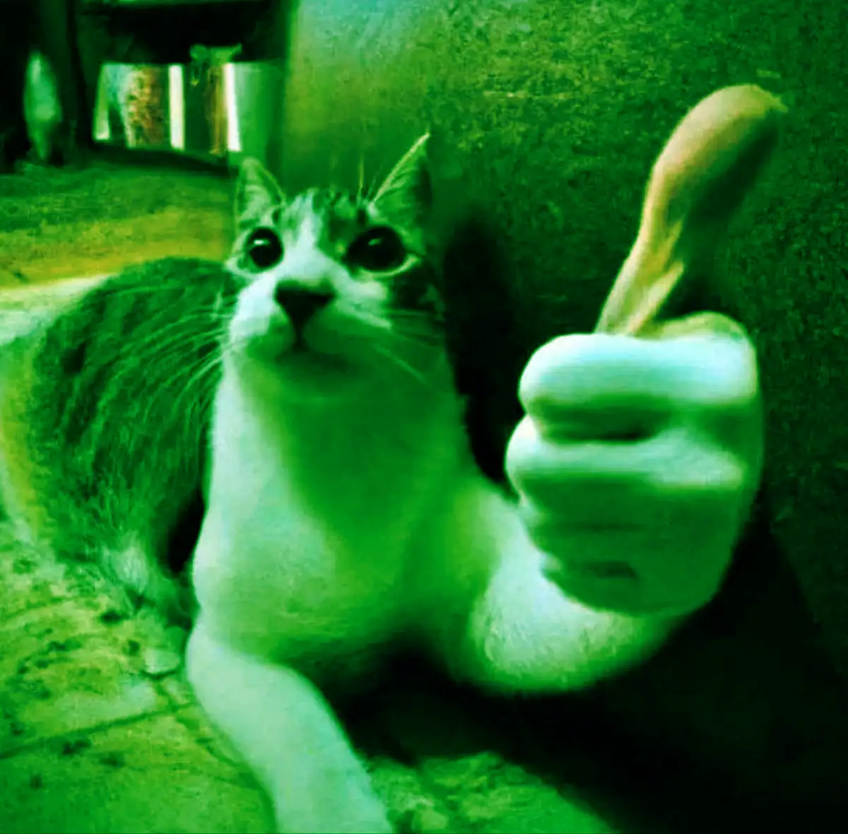 A cat with a human hand superimposed on its body, giving a thumbs-up gesture, set against a green-tinted, blurry background…