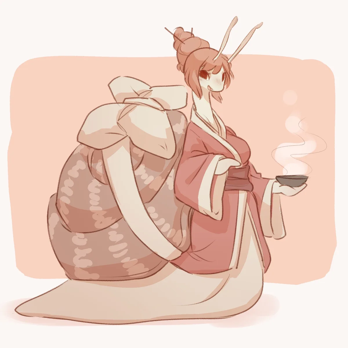 An anime-style illustration shows a person with antler-like hair accessories wearing a traditional Japanese kimono and…