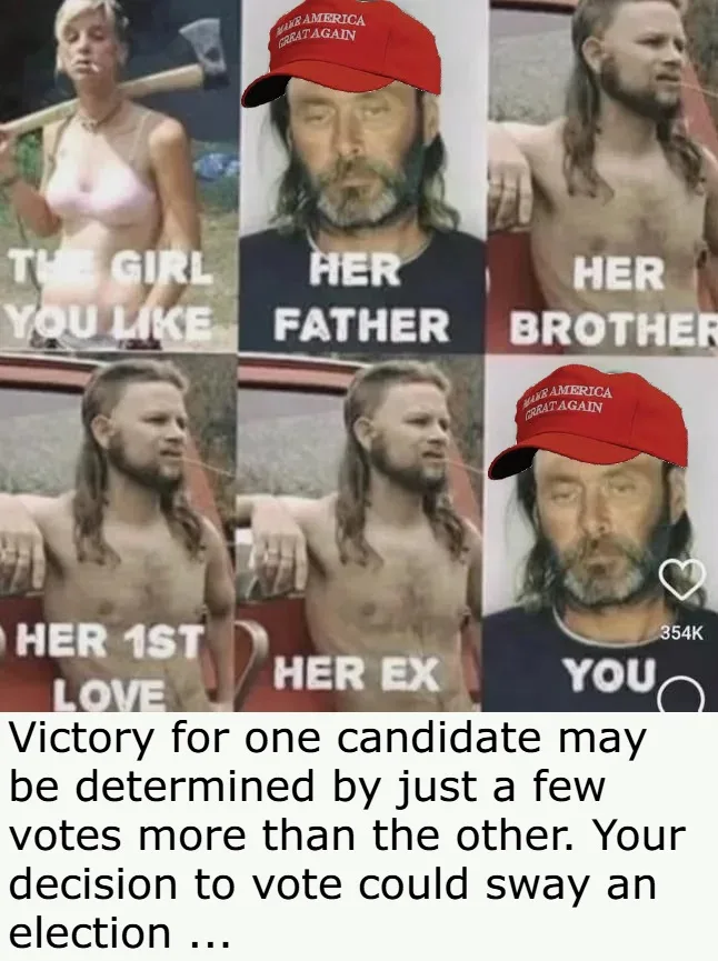 A six-panel grid shows a woman with an axe, then a man labeled 'HER FATHER' wearing a 'MAKE AMERICA GREAT AGAIN' hat, then…