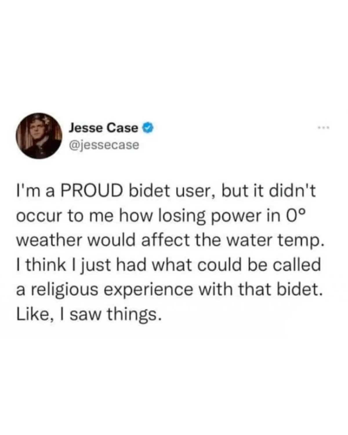 A screenshot of a tweet by Jesse Case (@jessecase) with a blue verification checkmark. The tweet text humorously describes a…