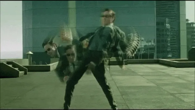 The image displays two rows of three panels each, showing a man in a suit and sunglasses performing a dynamic, spinning kick…