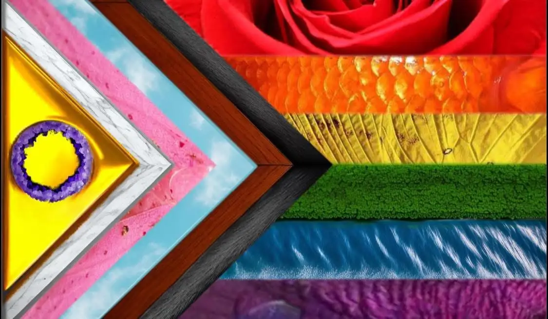 A colorful, layered arrow-shaped collage composed of various textures and images including a red rose, fish scales, a leaf…