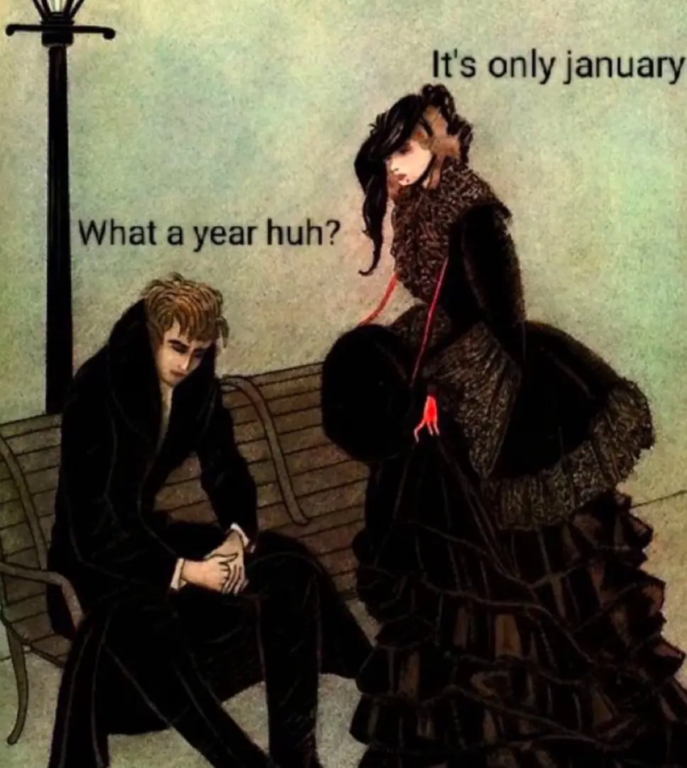 A vintage-style illustration shows a man in a dark coat sitting dejectedly on a park bench, while a woman in an ornate…