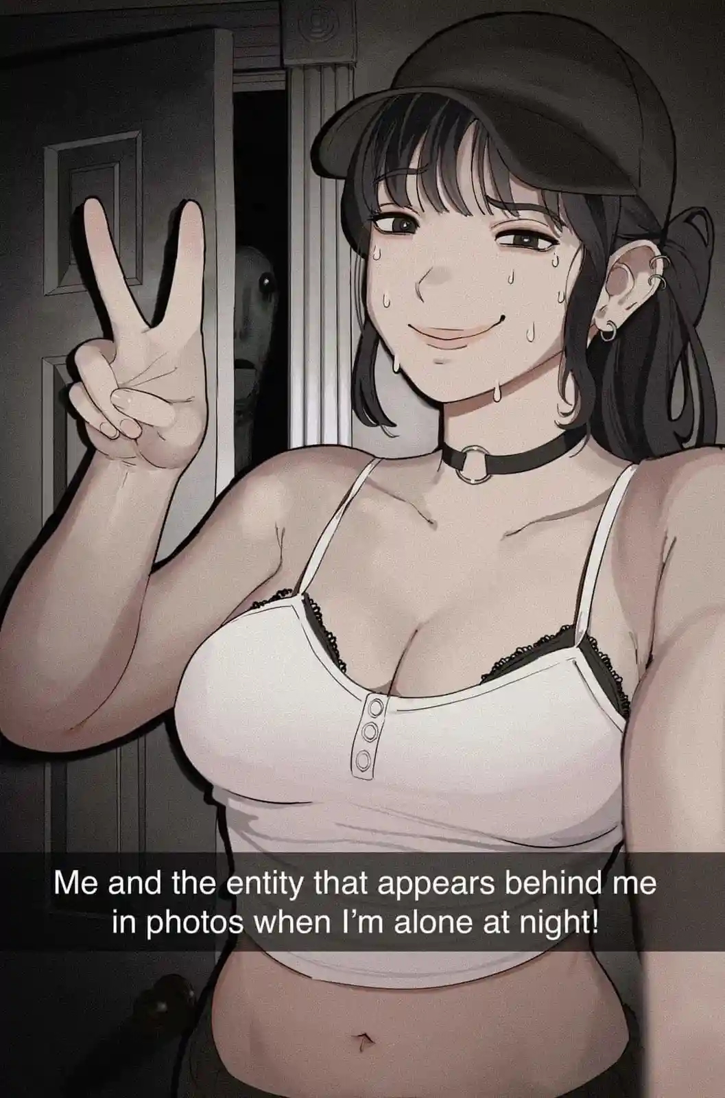 An anime-style woman in a white top and cap smiles while making a peace sign, visibly sweating, with a ghostly face peering…