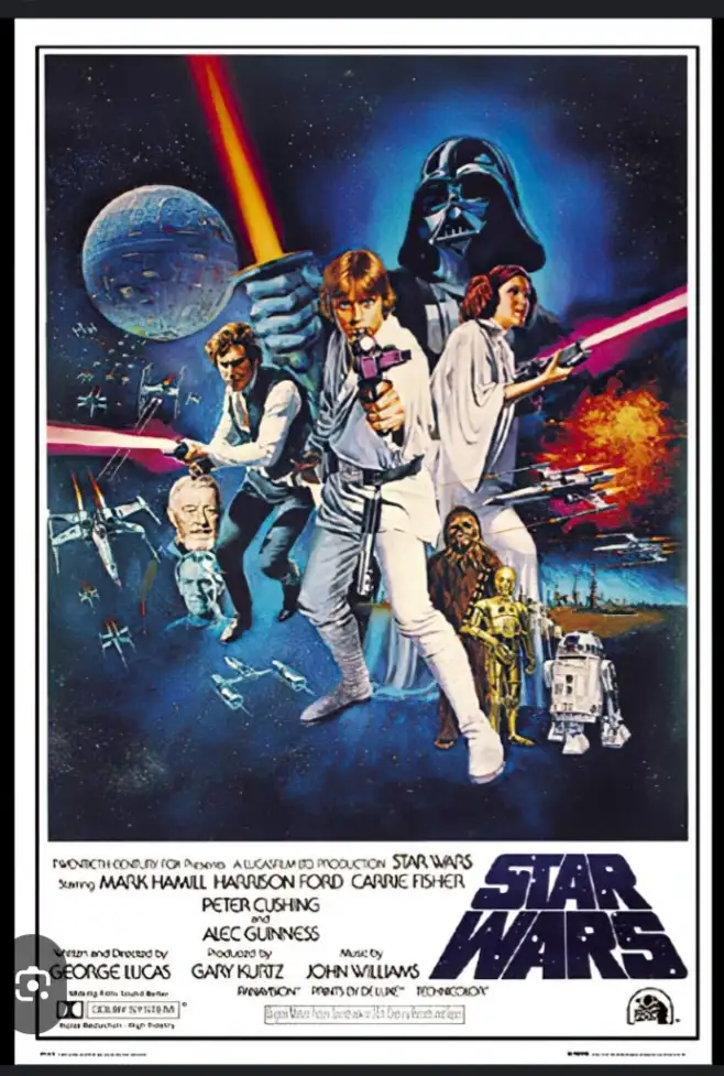 The image is the iconic 1977 Star Wars movie poster featuring Darth Vader looming over Luke Skywalker, Princess Leia, Han…