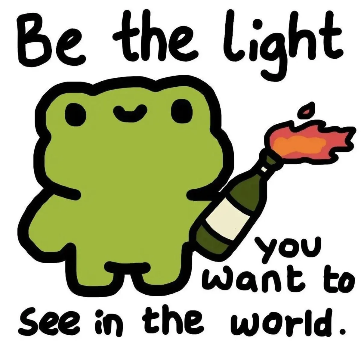 A cartoon green frog with a simple smiling face holds a wine bottle that is on fire, with flames erupting from the top. The…