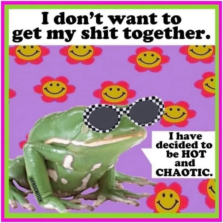 A green frog wearing black-and-white checkered sunglasses sits against a purple background with repeating red smiley-face…