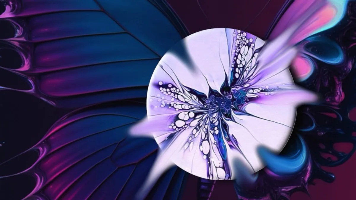 A psychedelic abstract image features a central circular design resembling a butterfly with intricate purple and blue…