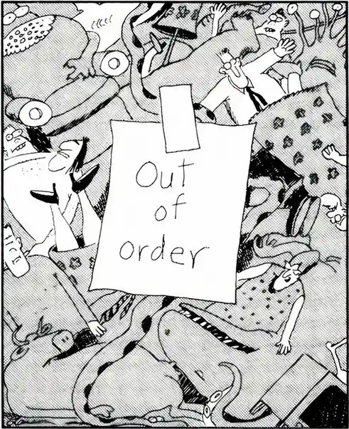 A black-and-white comic panel shows a chaotic scene with multiple cartoon characters in disarray, surrounded by flying…