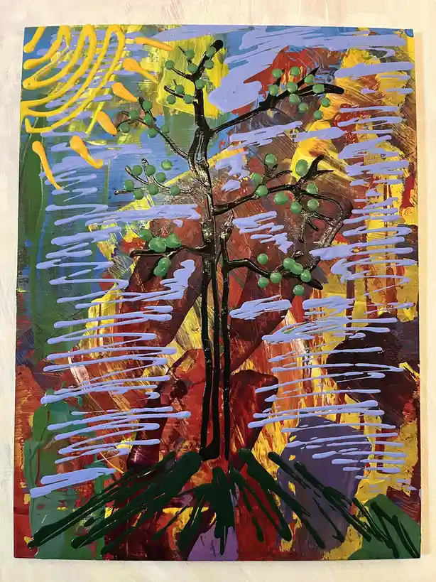 A colorful abstract painting depicts a black tree with green round fruits or leaves, set against a vibrant background of…