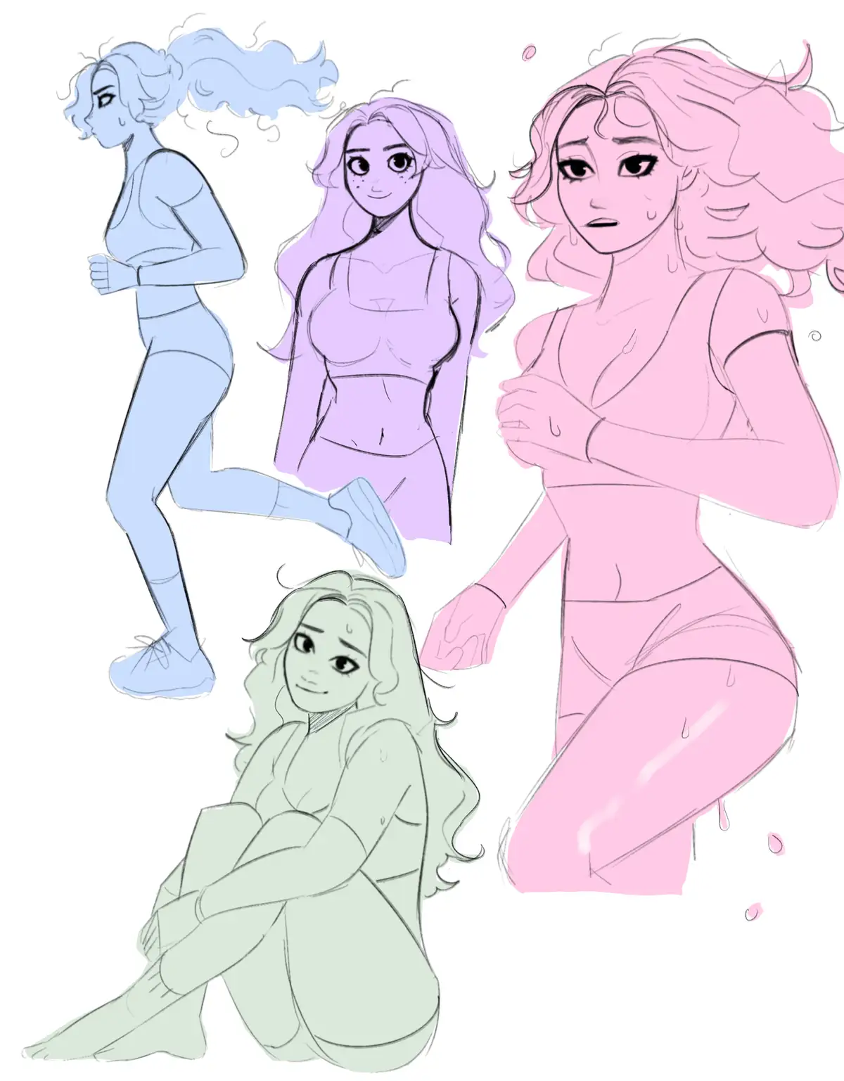 Four anime-style female characters are shown in different colored outlines: blue running, purple standing, pink kneeling and…