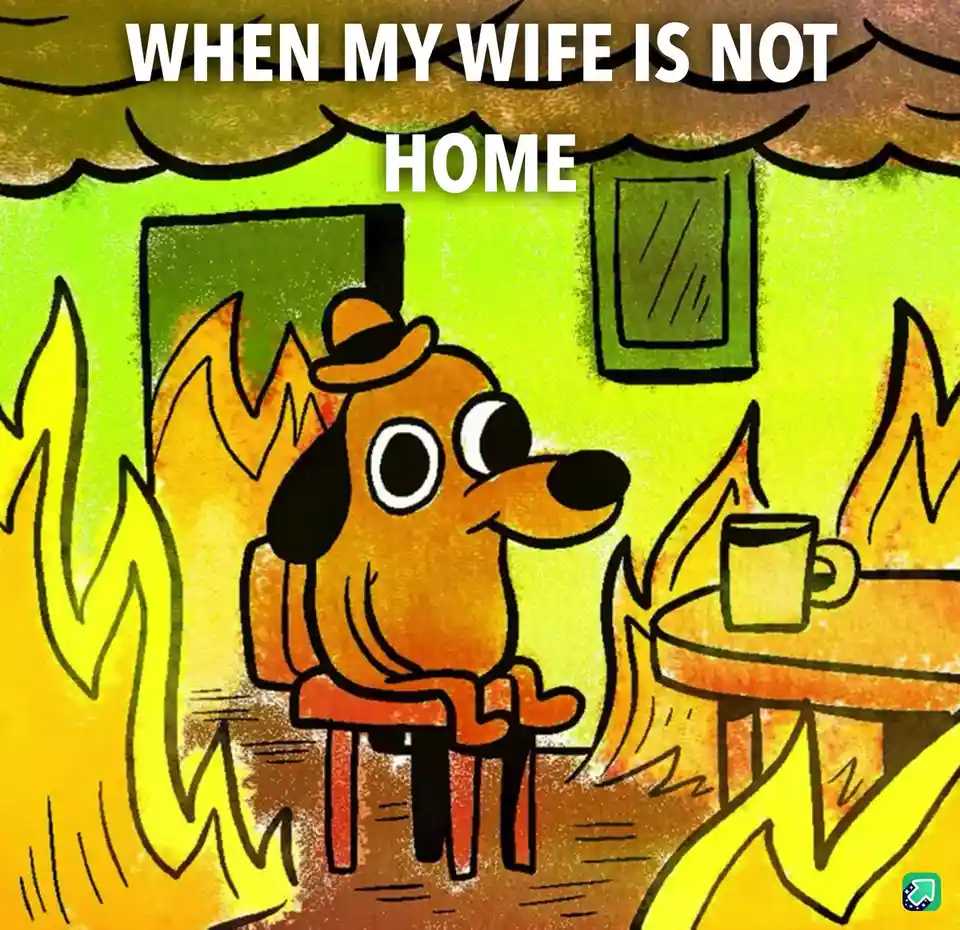 A cartoon dog wearing a hat sits calmly at a table with a mug, surrounded by large flames in a room with green walls and…