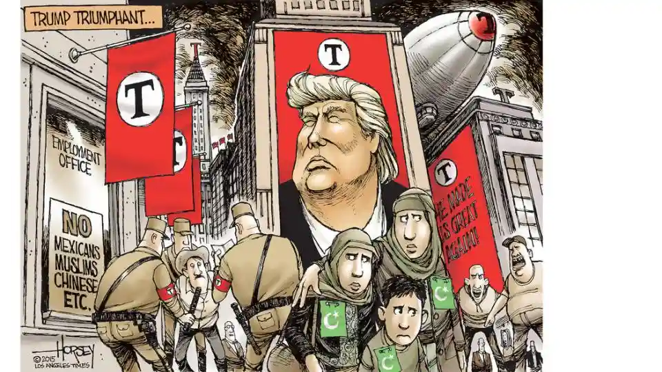 A political cartoon depicts a city street with a giant portrait of Donald Trump on a building, surrounded by red banners…