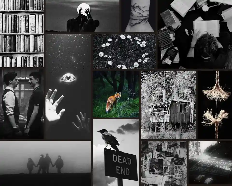 A black-and-white collage of 16 eerie, atmospheric, and surreal images including bookshelves, a moonlit silhouette, a tree…