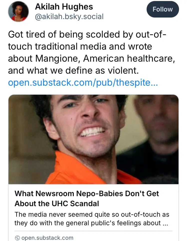 A screenshot of a social media post by Akilah Hughes, featuring a photo of a man in an orange jumpsuit with a strained…