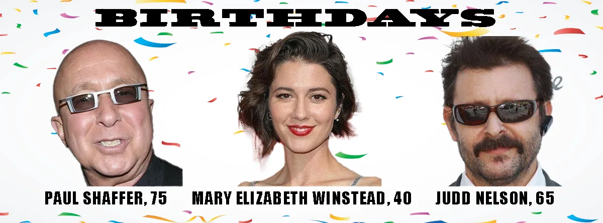 A celebratory image with confetti background and three headshots: Paul Shaffer (75), Mary Elizabeth Winstead (40), and Judd…