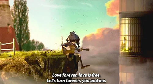 A split-screen image shows an anime-style character with dark hair playing a guitar on a grassy ledge beside a windmill…