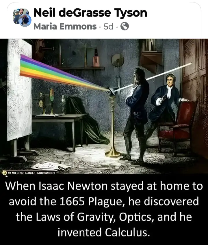 An illustration depicts Isaac Newton in a historical laboratory setting, conducting an optics experiment with a prism…