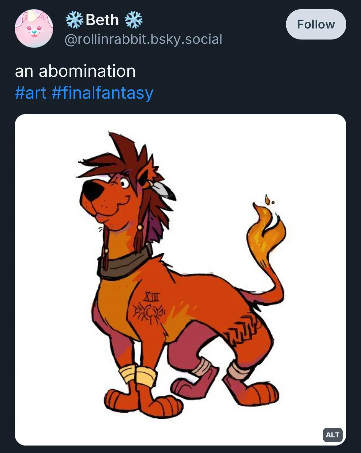 A cartoon drawing of a stylized anthropomorphic dog with a flame-like tail, wearing a harness and tribal-style leg wraps, is…