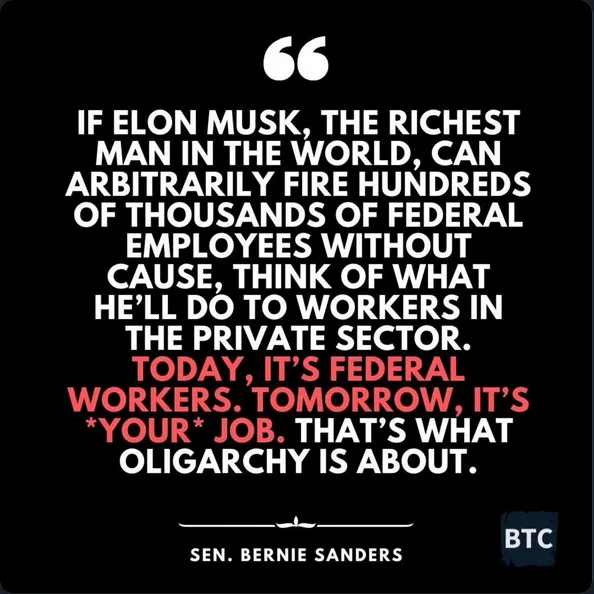A black background with white text features a quote attributed to Sen. Bernie Sanders, warning that if Elon Musk can fire…