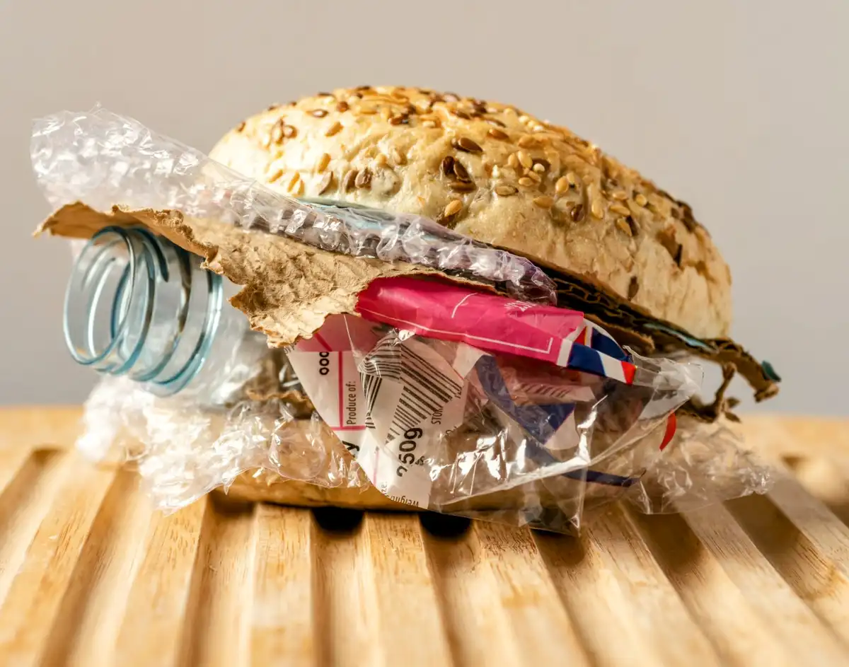 A sesame seed bagel is humorously stuffed with various discarded packaging materials including a plastic bottle, bubble…