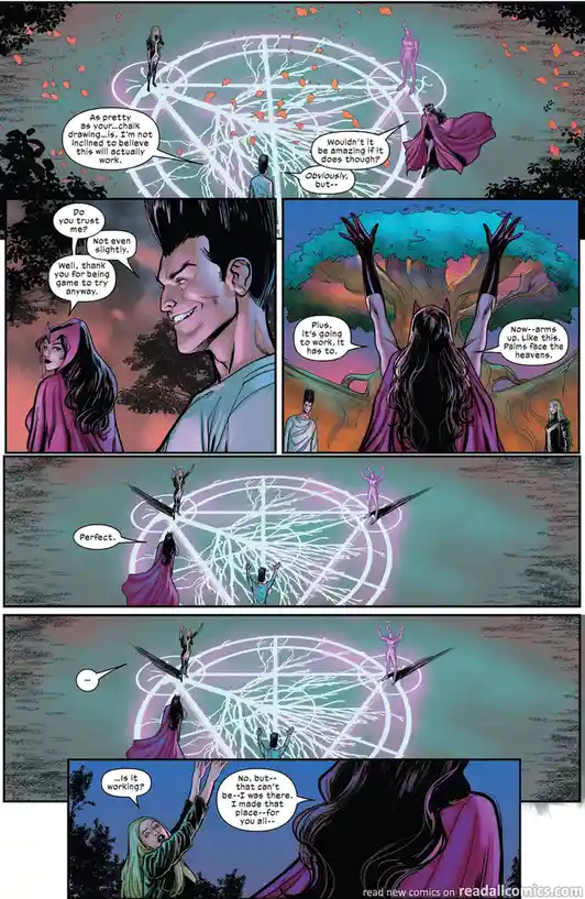 A comic panel sequence shows three characters performing a ritual around a glowing, intricate circular symbol on the ground…