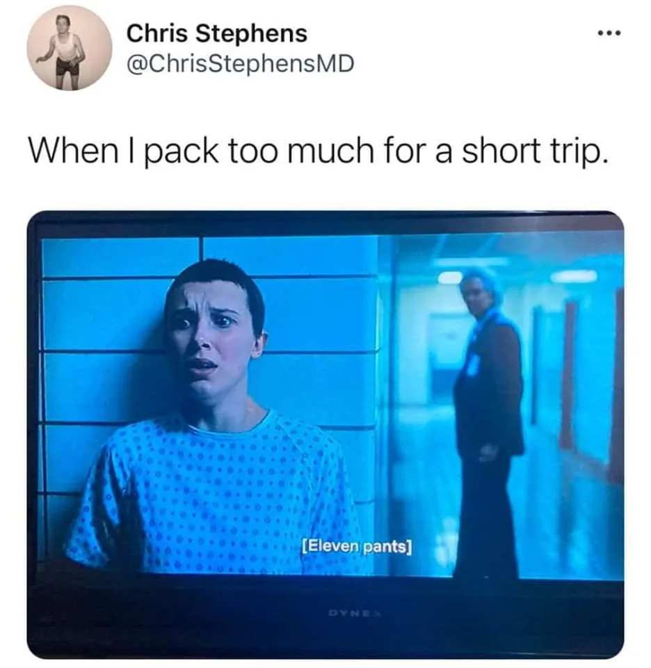 A screenshot of a tweet by Chris Stephens showing a TV screen displaying a scene from 'Stranger Things' where Eleven, in a…