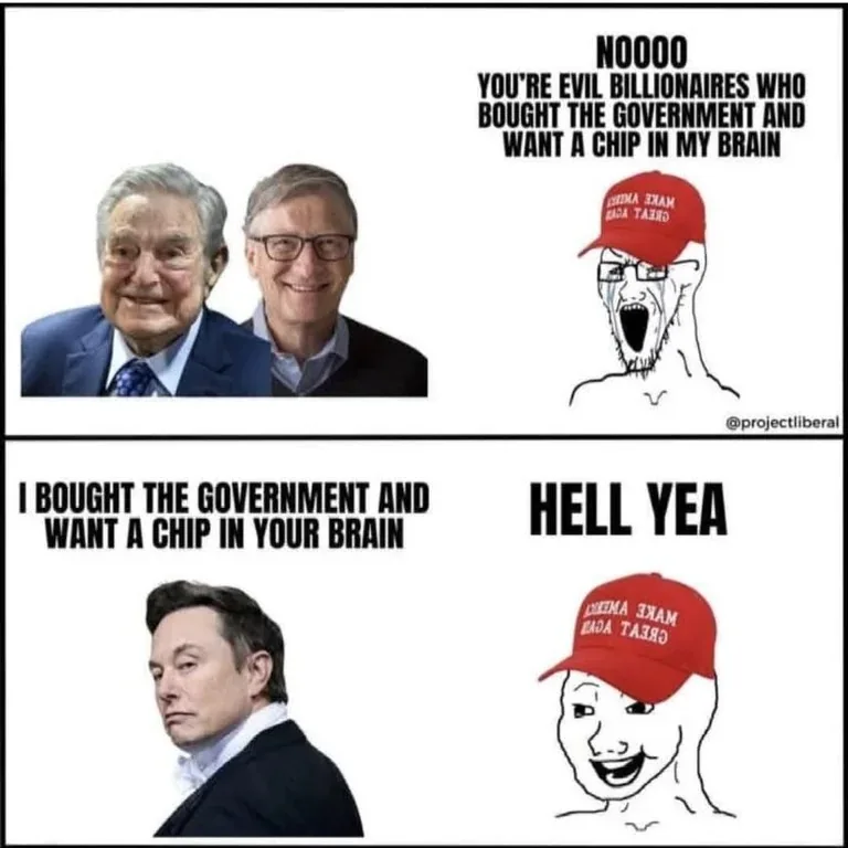 The meme features two panels. Top: George Soros and Bill Gates are shown with text accusing them of being 'evil billionaires…