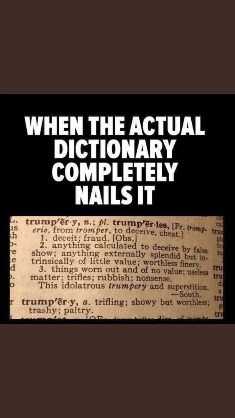 The image displays a dictionary page showing the definition of 'trumpetry' with three meanings including 'deceit; fraud'…