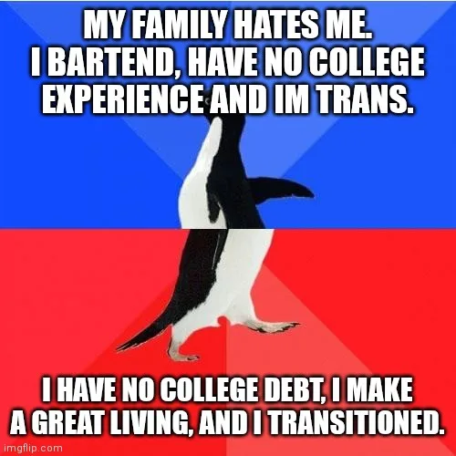 A penguin stands in the center of the image, split by a red and blue background. The top text reads 'MY FAMILY HATES ME. I…