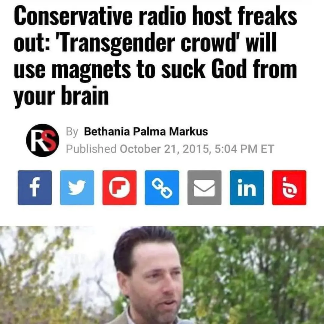 The image displays a screenshot of a news article header with the headline 'Conservative radio host freaks out: 'Transgender…
