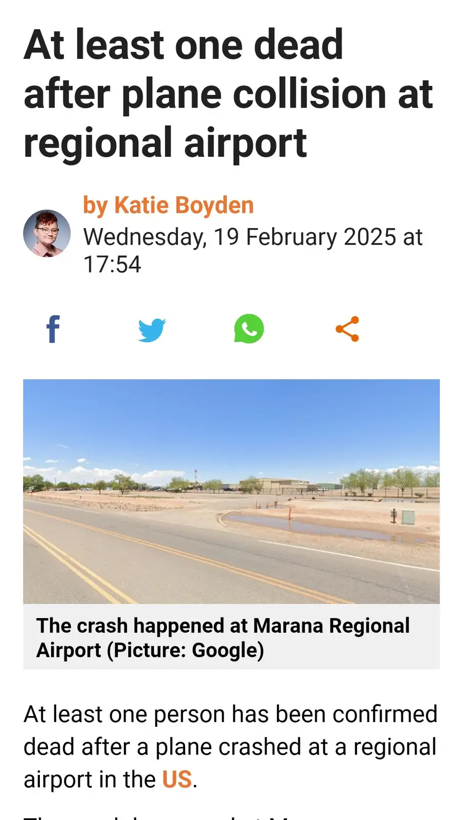 A screenshot of a news article with a headline about a plane collision at a regional airport, featuring a photo of an empty…