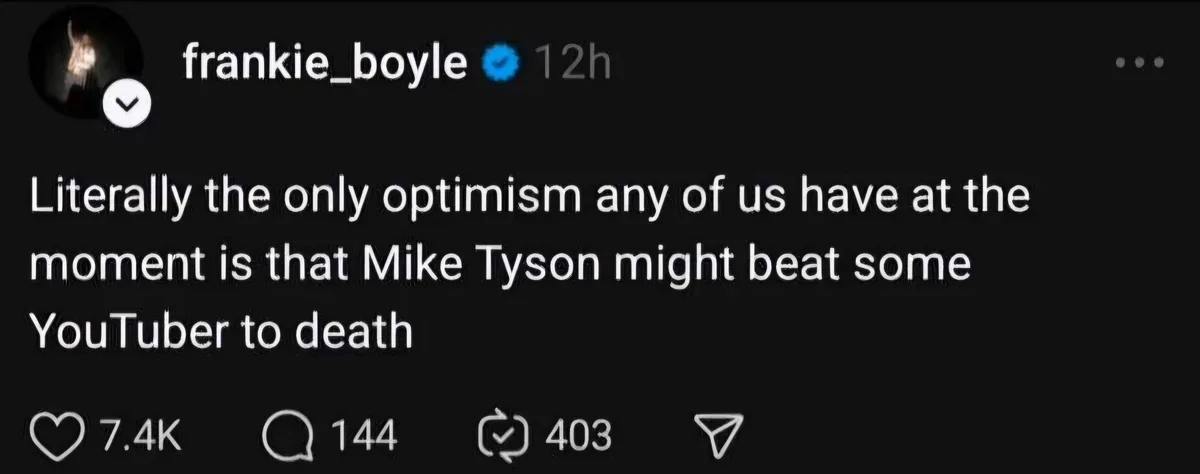 A screenshot of a Twitter/X post by verified user frankie_boyle, posted 12 hours ago. The post features large white text…