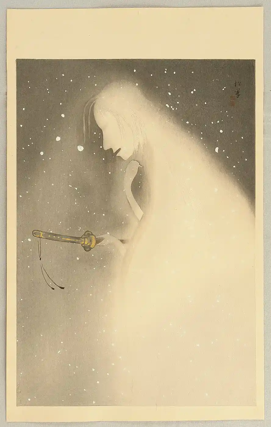 A monochrome Japanese woodblock print depicts a ghostly, translucent figure with long hair, viewed in profile, holding a…