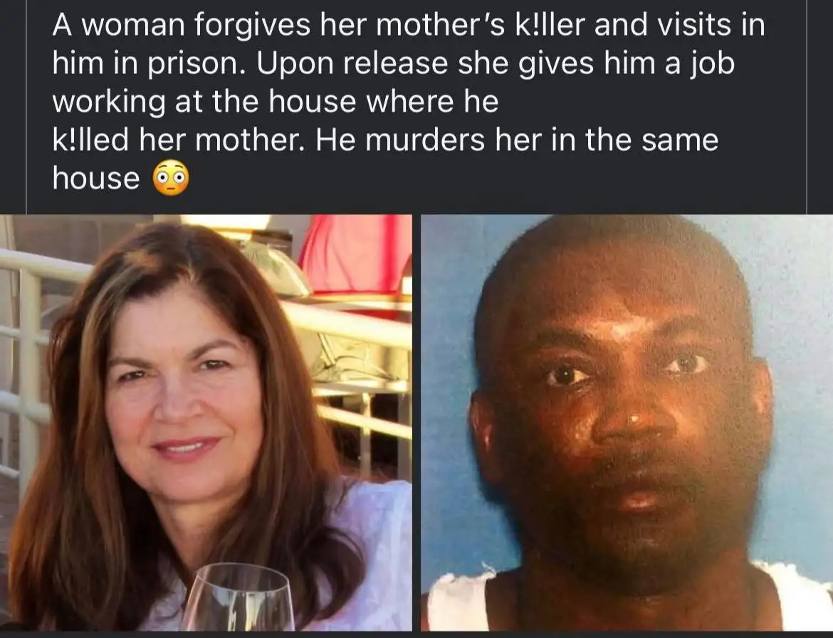 The image displays two side-by-side photos: a smiling woman with long brown hair holding a wine glass, and a mugshot of a…