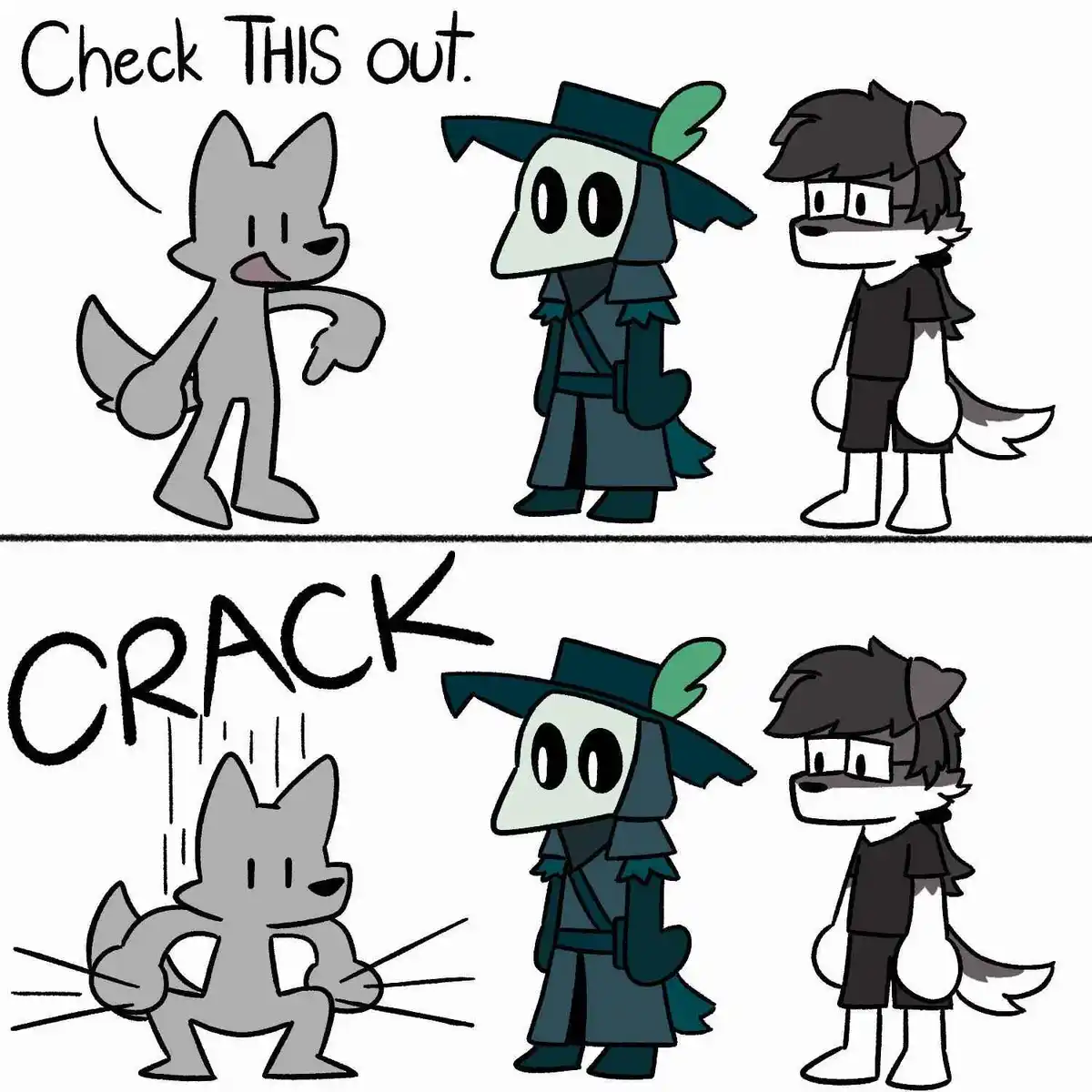 A two-panel comic shows a grey anthropomorphic fox pointing excitedly at two other characters while saying 'Check THIS out.'…