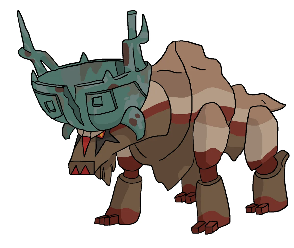 A cartoon drawing of a four-legged, robotic-looking creature with a green armored head, brown and red segmented body, and…