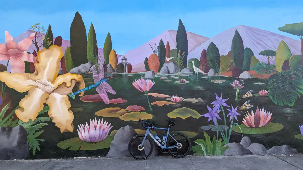 A real blue bicycle is parked in front of a colorful mural depicting a serene pond with lily pads, flowers, dragonflies, and…