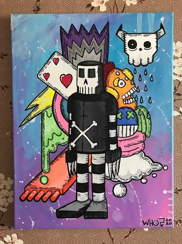 A colorful cartoon painting depicts a skeletal figure in a black and white striped outfit with a skull face, standing amidst…