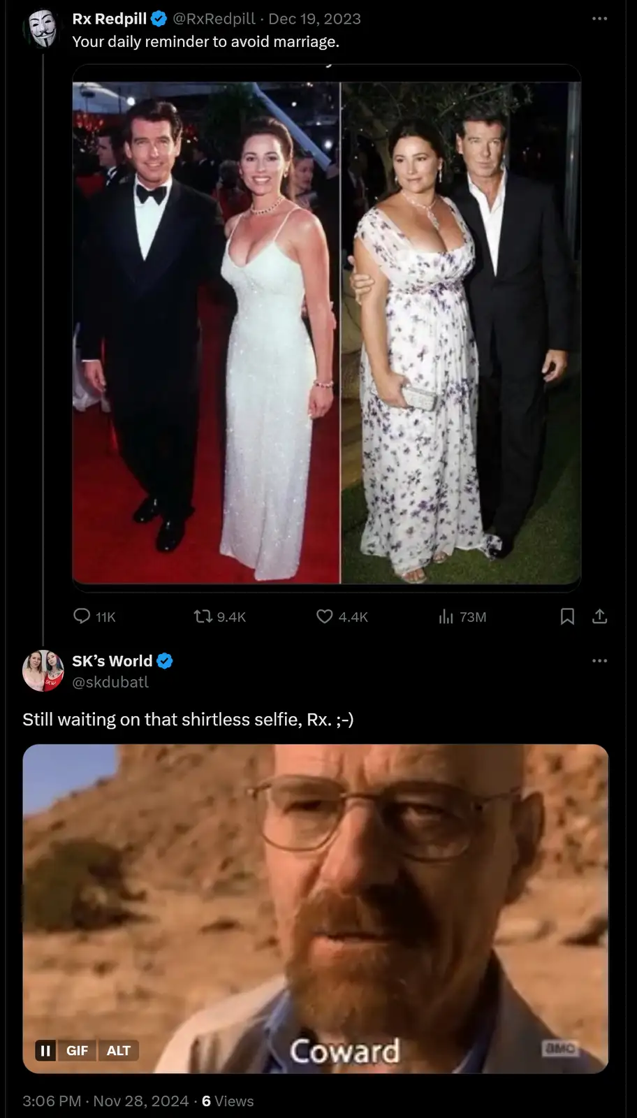 The image displays a side-by-side comparison of a man and woman at a formal event in two different photos. In the left…