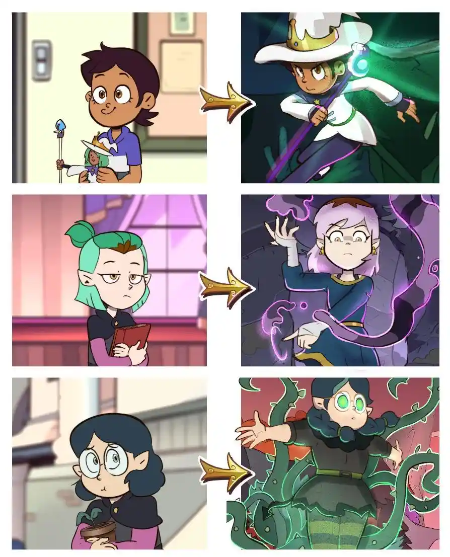 The image is a three-panel meme showing characters from 'The Owl House' in their normal, everyday appearances on the left…