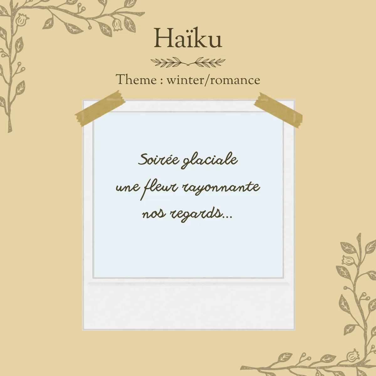 A beige background with decorative leafy branches in the corners, featuring a Polaroid-style frame taped with brown tape…