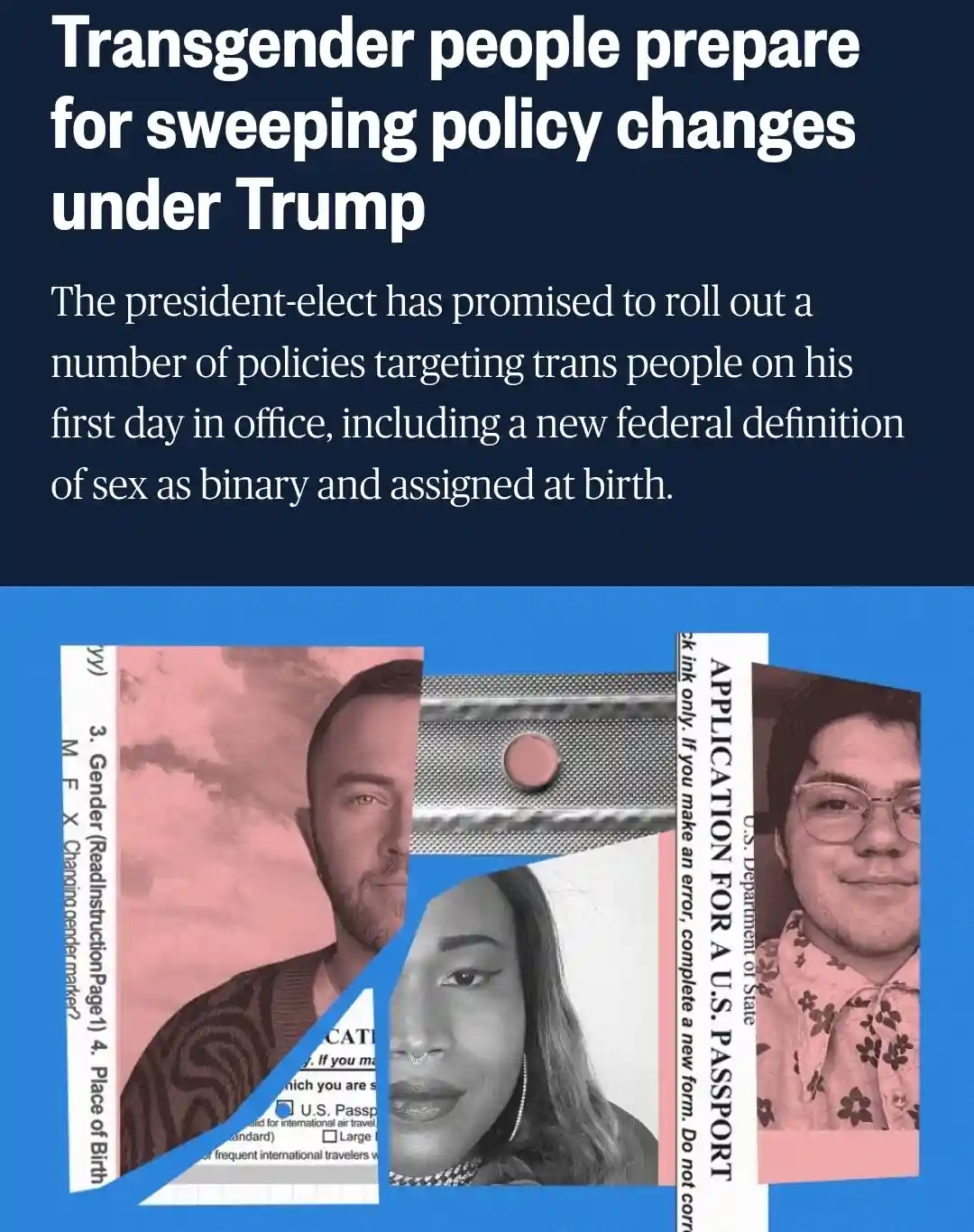 The image displays a collage of three passport photos of diverse individuals overlaid with a news article headline and text…