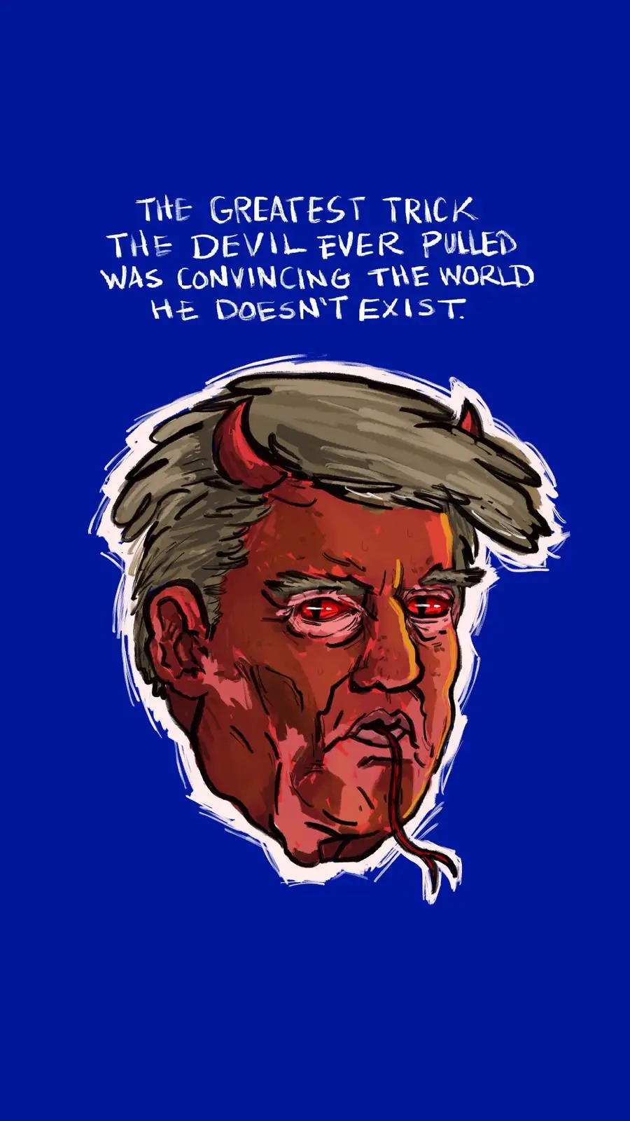 A cartoon illustration of a man with red skin, red eyes, small red horns, and a red tongue sticking out, set against a solid…