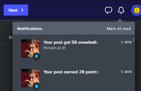 A screenshot of a social media notification panel showing two alerts: one stating 'Your post got 58 snowballs thrown at it!'…