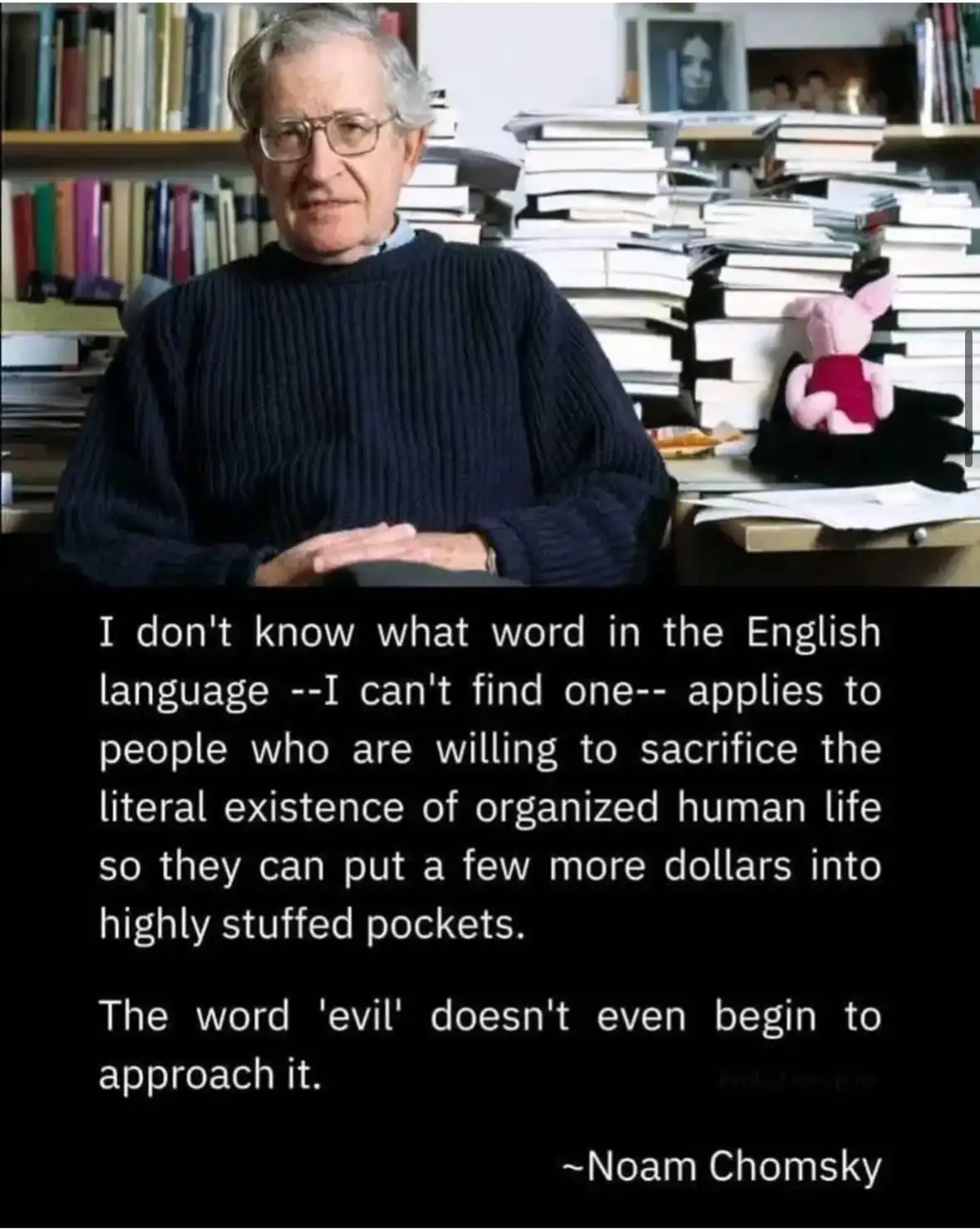 An older man with glasses and a dark sweater sits in front of towering stacks of books and papers, with a pink stuffed…