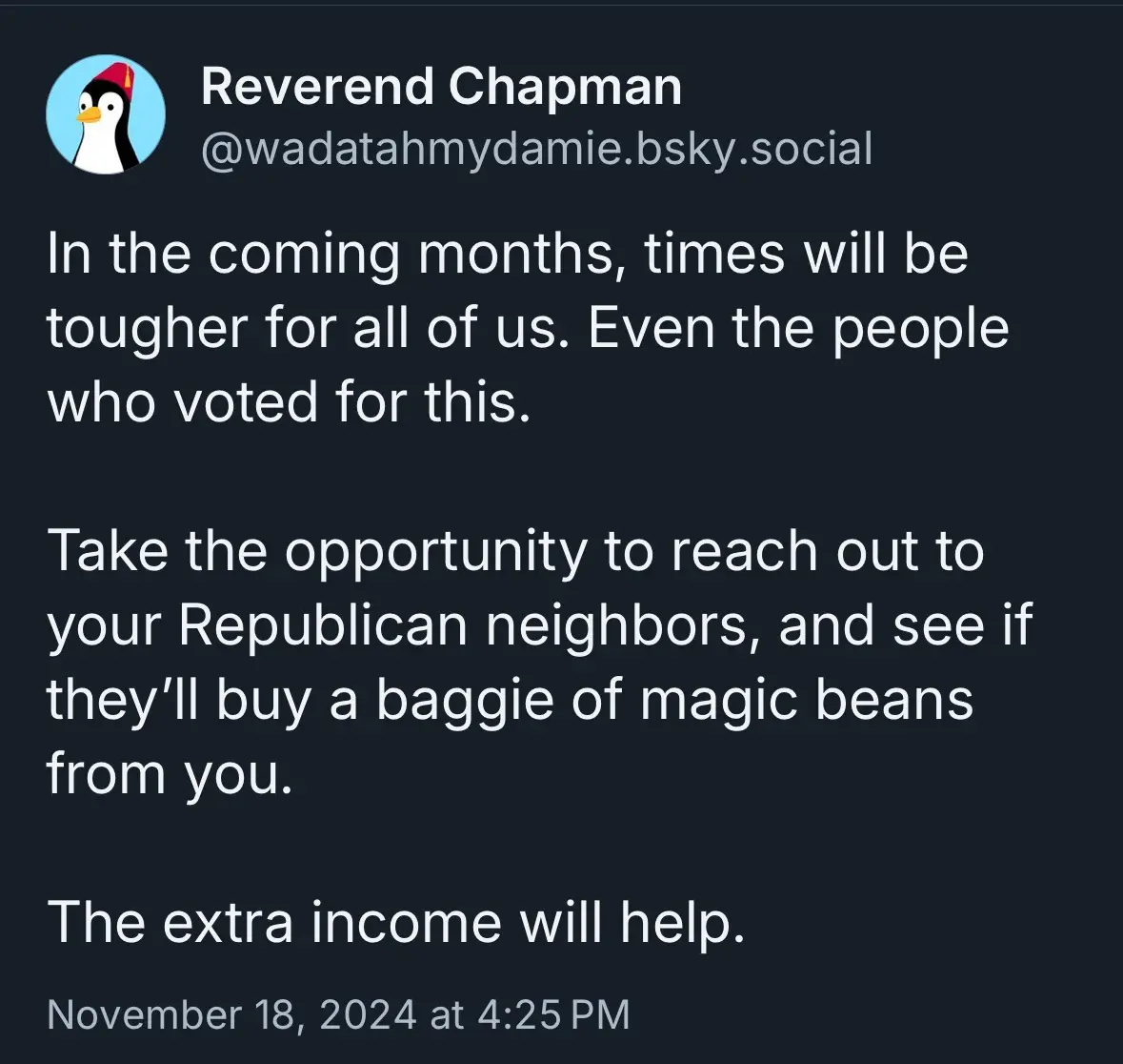 A screenshot of a social media post from a user named 'Reverend Chapman' with a penguin avatar, dated November 18, 2024. The…
