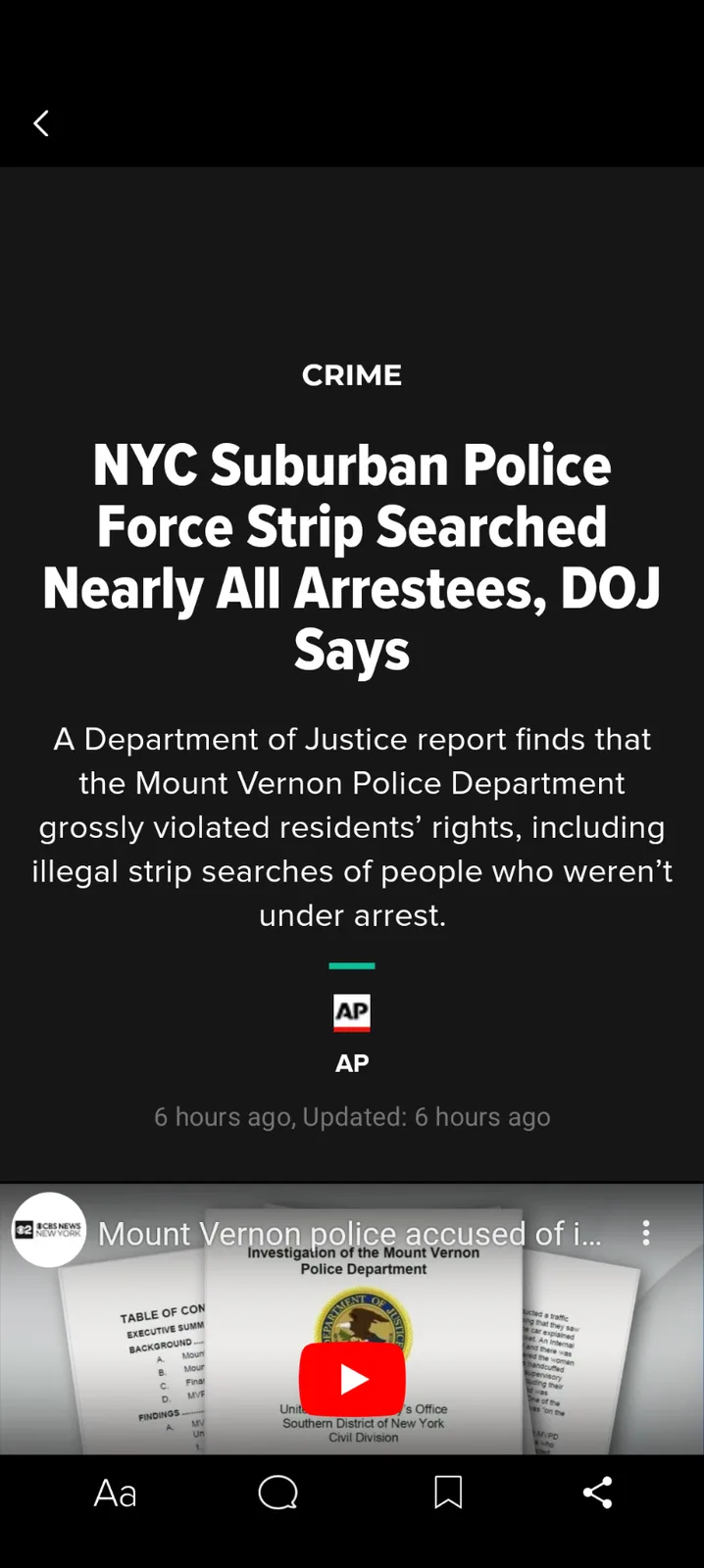 A screenshot of a CBS News article headline about the Mount Vernon Police Department being accused of illegal strip…